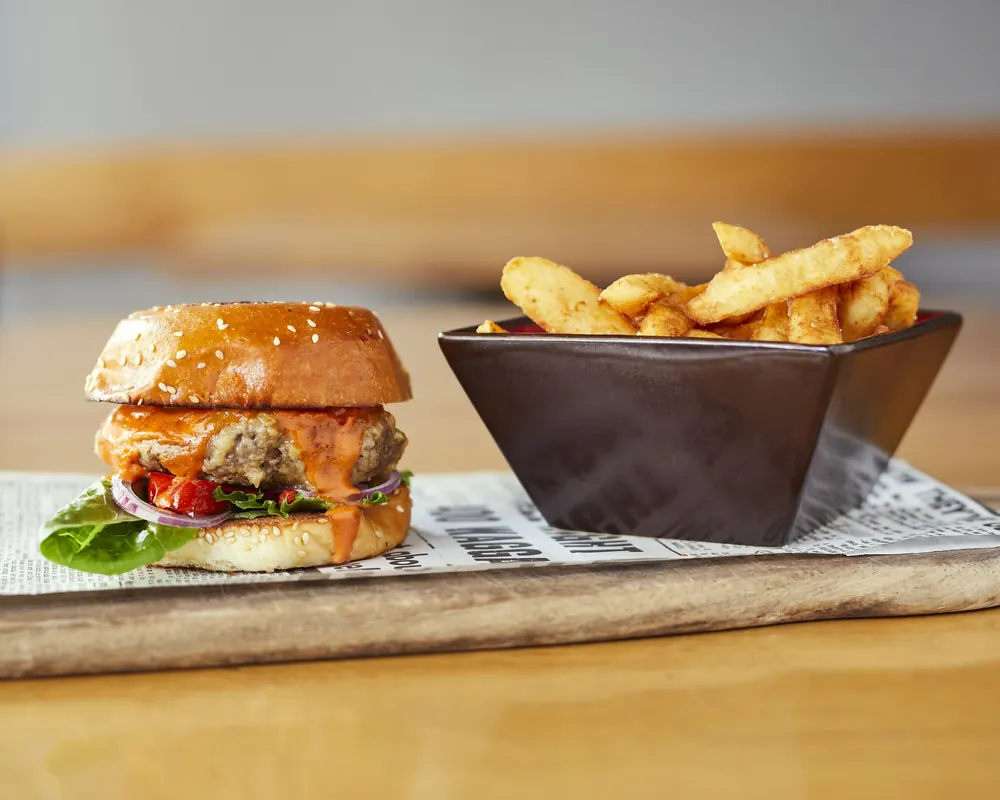Italian style beef burger with Pier 71 chips